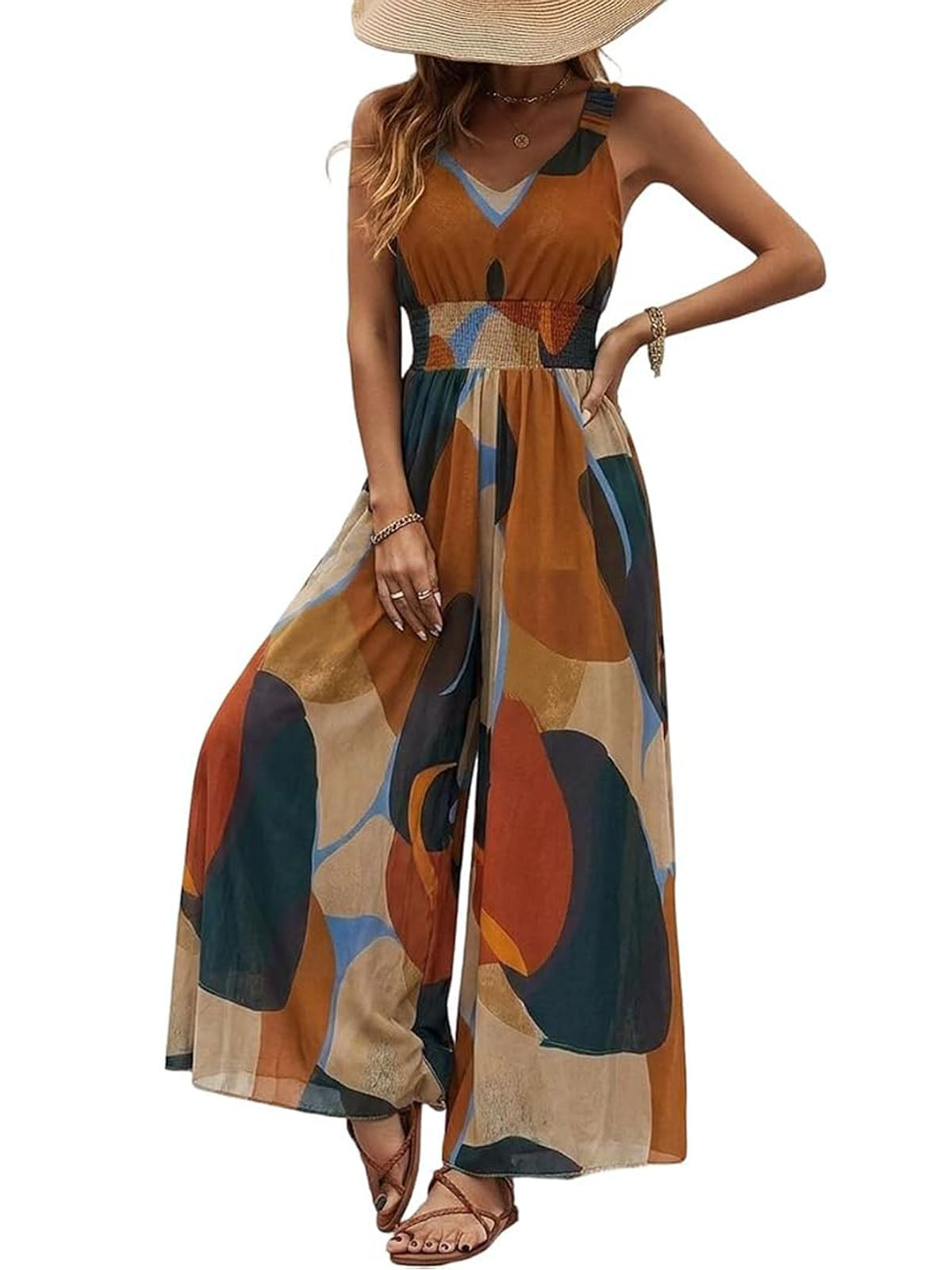 CHICME Women’s Abstract Print V Neck Jumpsuit Wide Leg High Cinched Waist Backless Sleeveless Chic Vacation Beach Romper