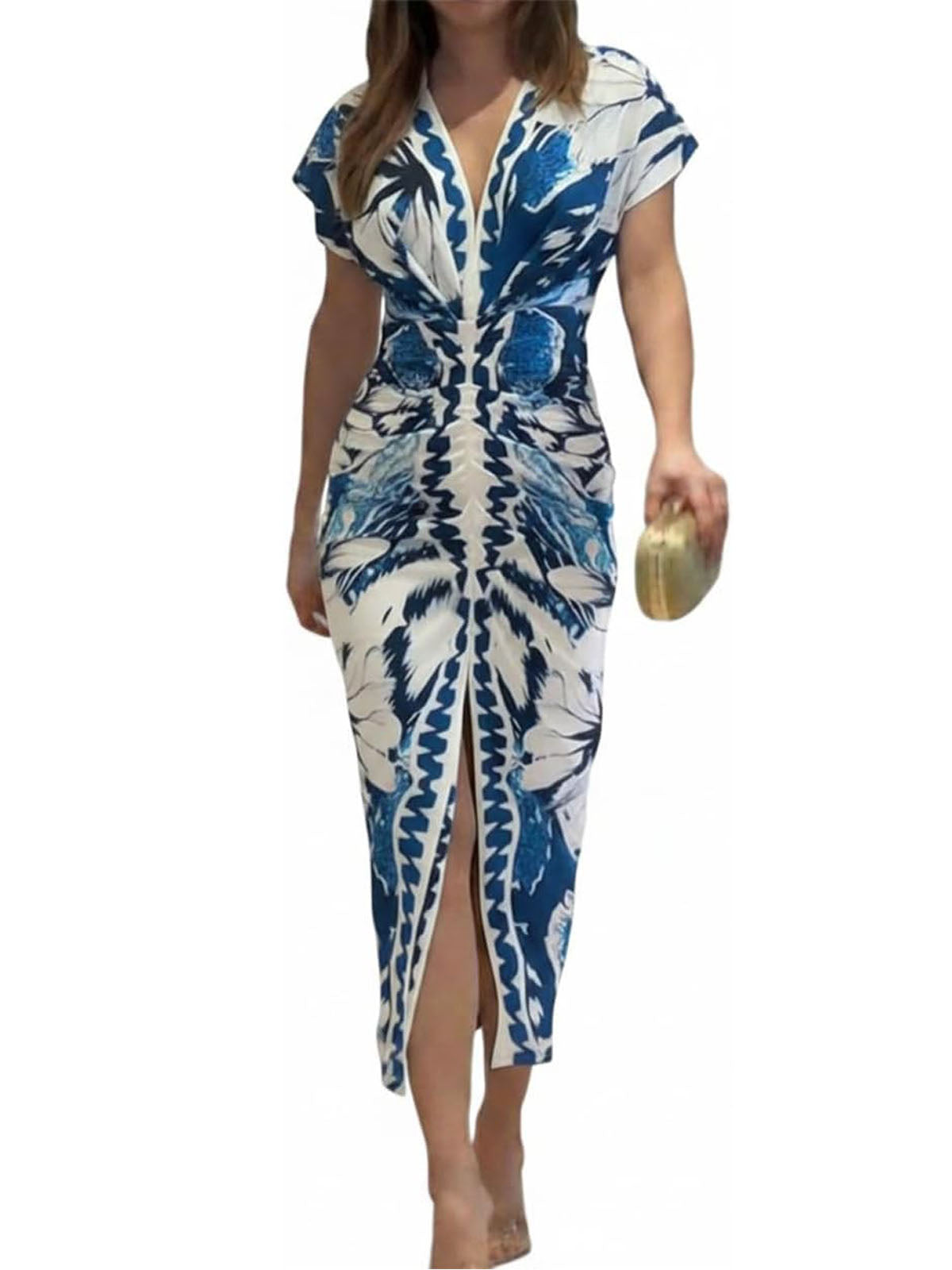 CHICME Summer Dresses for Women Plunge V Neck Ruched Midi Dress