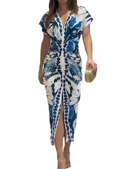 CHICME Summer Dresses for Women Plunge V Neck Ruched Midi Dress