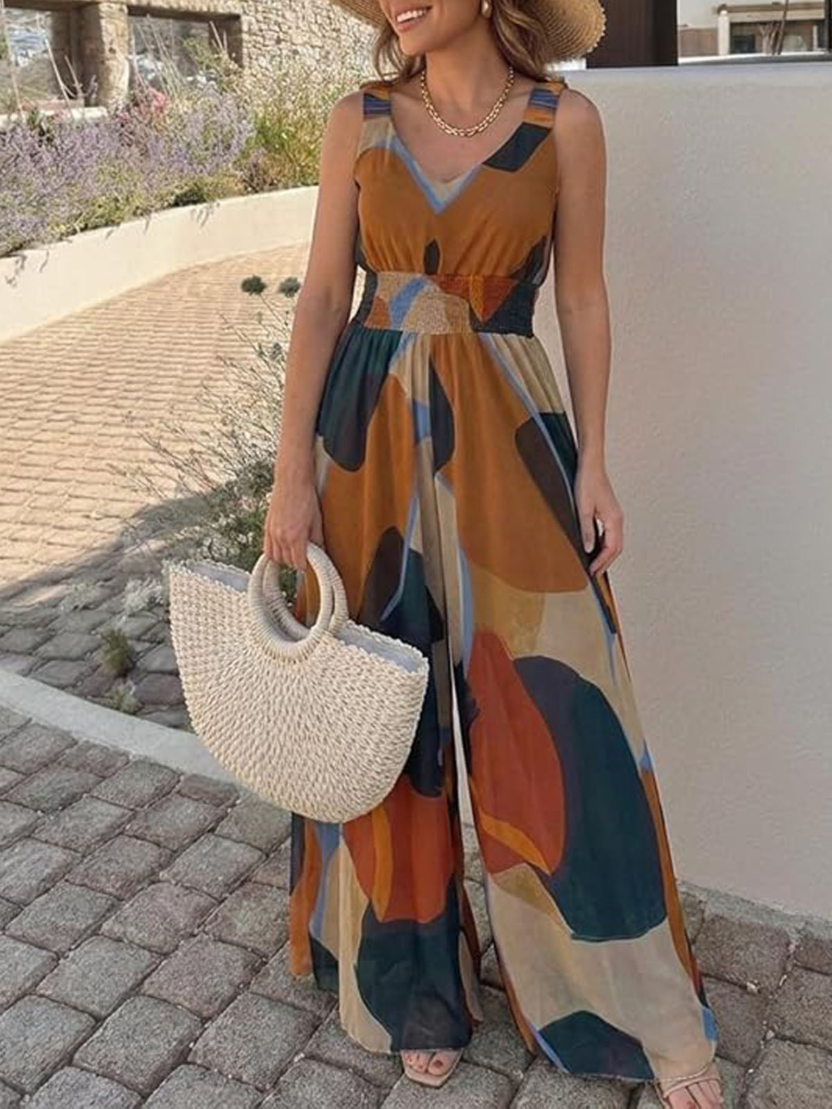 CHICME Women’s Abstract Print V Neck Jumpsuit Wide Leg High Cinched Waist Backless Sleeveless Chic Vacation Beach Romper