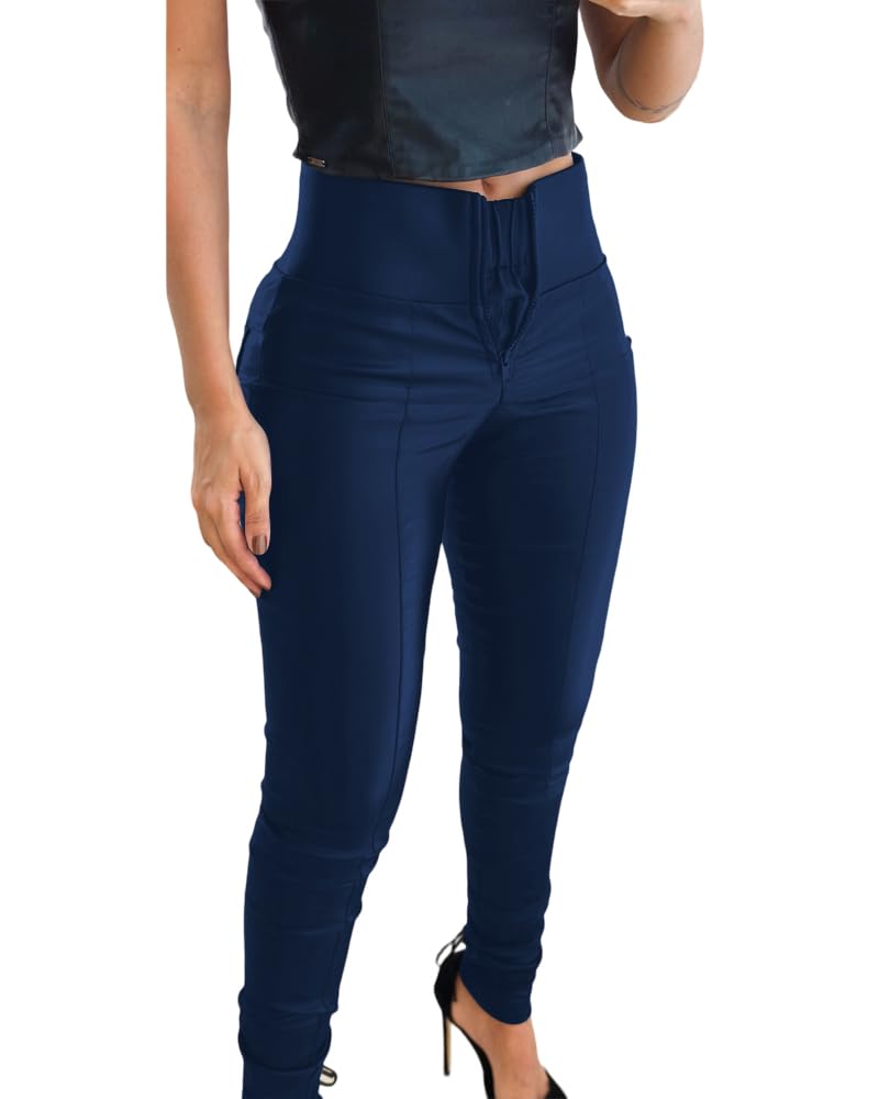 CHICME Women High Waist Zipper Closure Front Tummy Control PU Leather Pants Fleece Lined Tights Black Trousers