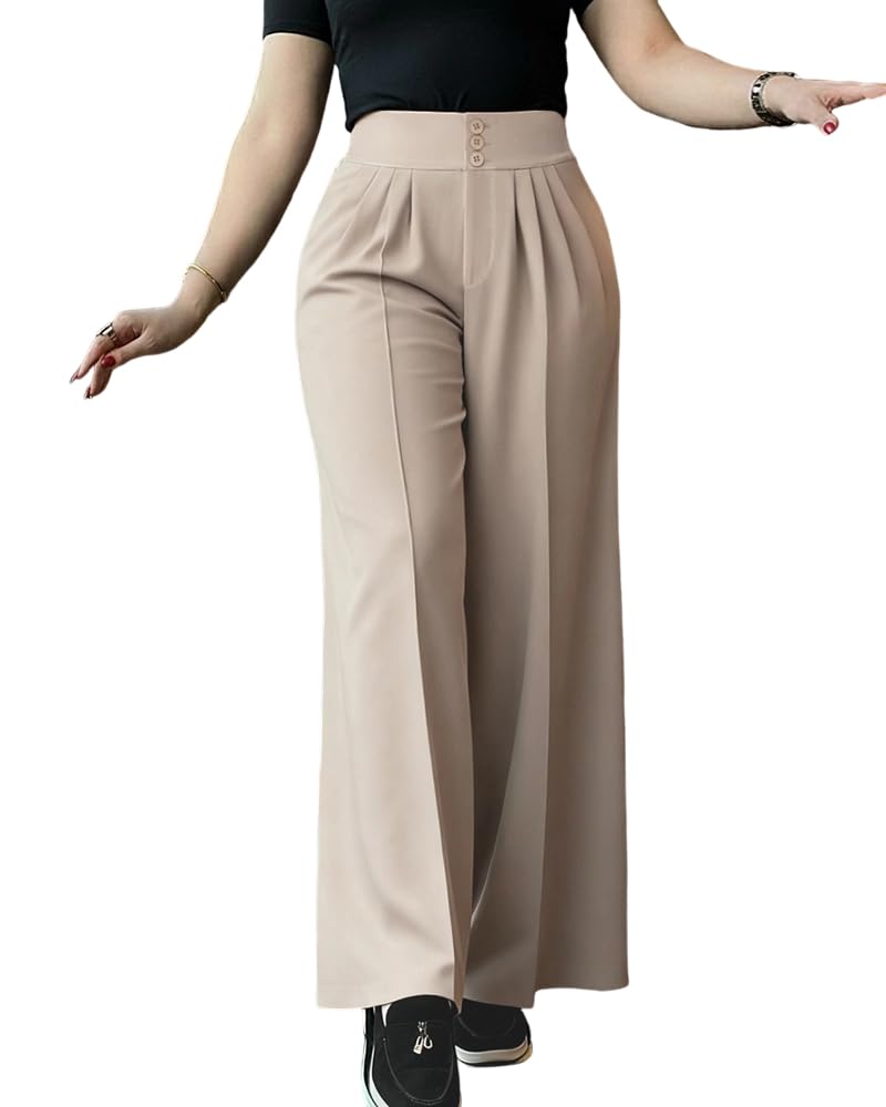 CHICME Work Pants for Women High Waist Wide Leg with Button Front and Side Pockets Work Pants Business Casual Trousers