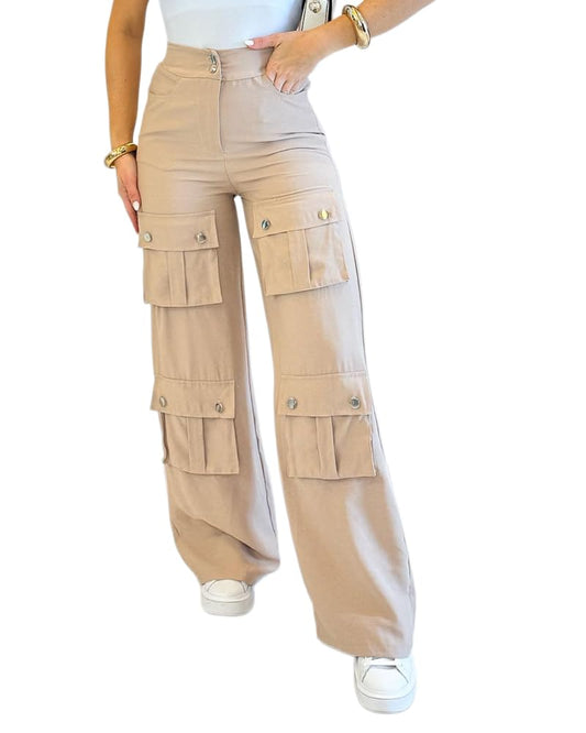 CHICME Women's High Waist Cargo Pants Zipper Fly Flap Pockets Design Elastic Back Waist Wide Leg Baggy Pants