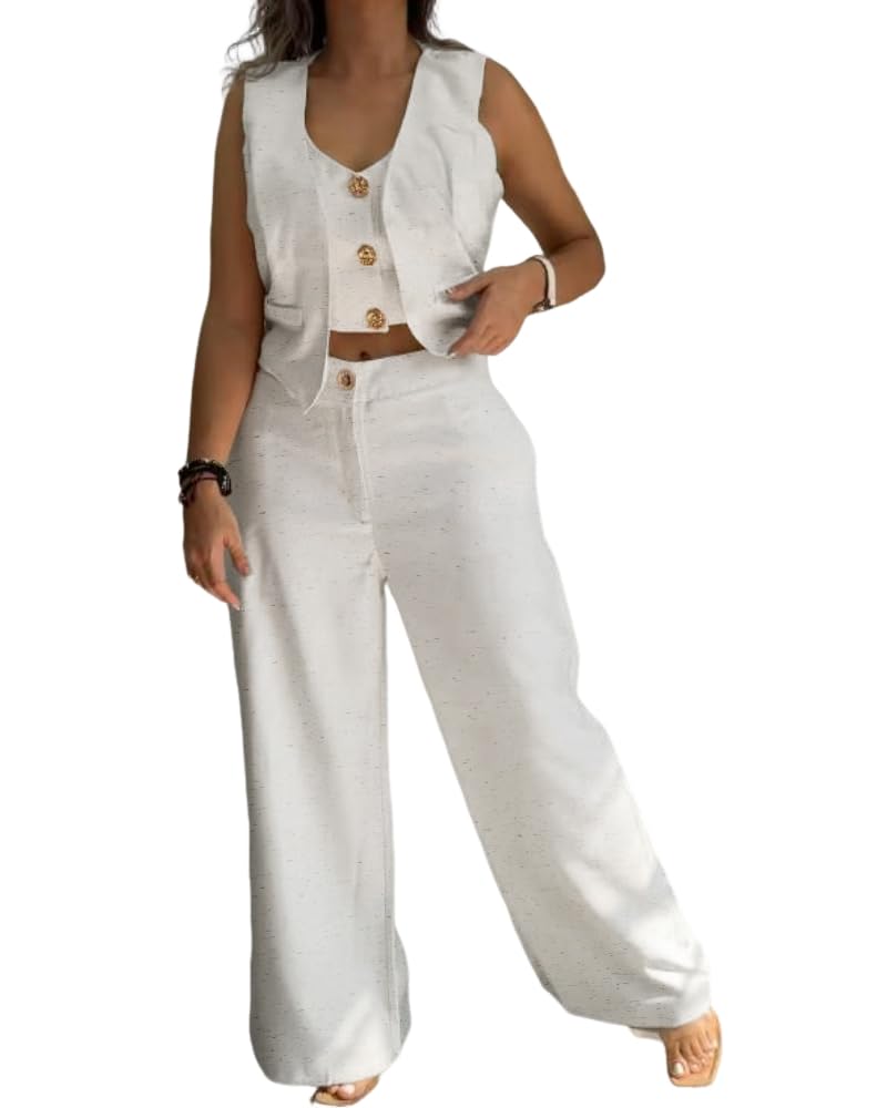 CHICME Women's 2 Piece Summer Outfits V Neck Metal Button Front Crop Tank Vest Wide Leg Pants Set Vacation Travel Matching linen Sets
