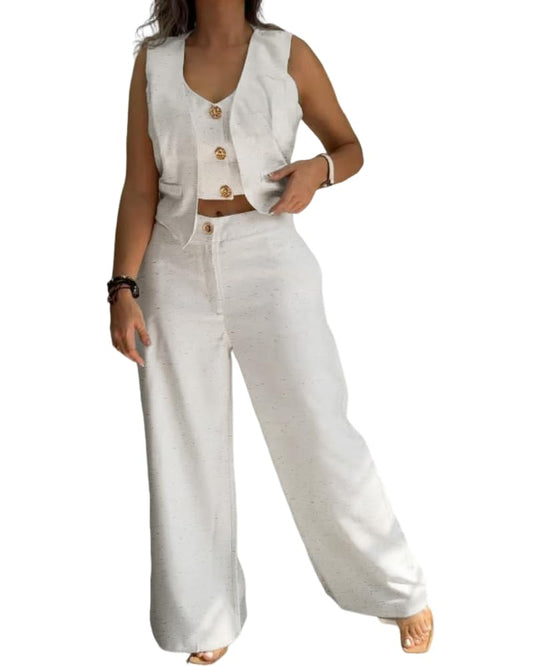 CHICME Women's 2 Piece Summer Outfits V Neck Metal Button Front Crop Tank Vest Wide Leg Pants Set Vacation Travel Matching linen Sets