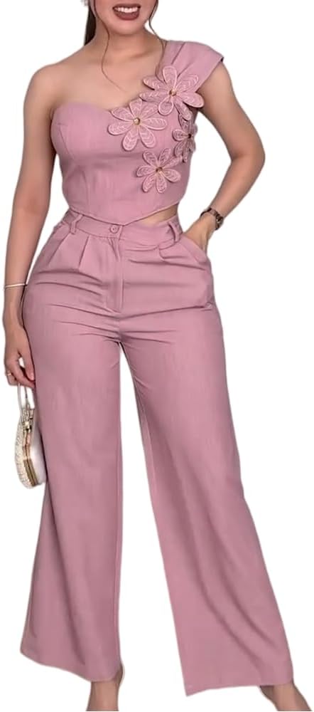 CHICME Women¡¯s 2 Pieces Outfit One Shoulder Sleeveless 3D Floral Applique Crop Top and High Waist Wide Leg Pants Set