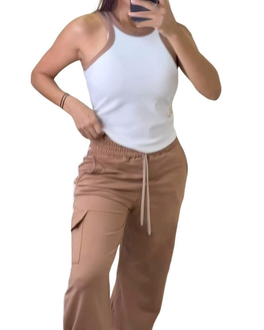 CHICME Women's 2 Piece Sets Color Block Sleeveless Tank Top with Cargo Pants, Business Casual Outfits Summer Work Office Wear, Strap Accents Drawstring Waist Casual Clothing Set