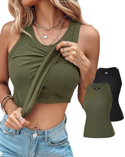 CHICME 2-Pack Womens Shelf Bra Tops Sleeveless Shirts Rib-Knit Tops Summer Outfits