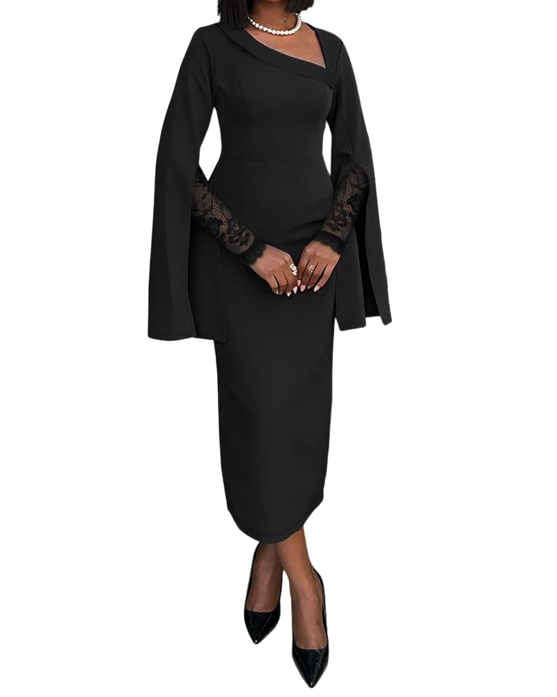 CHICME Asymmetrical Foldover Neck Lace Long Sleeve Bodycon Dress for Women Elegant Split Sleeve Dress with Zipper Back Cocktail Party Work Evening Dress