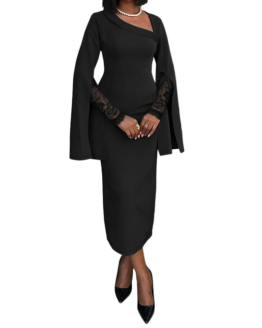 CHICME Asymmetrical Foldover Neck Lace Long Sleeve Bodycon Dress for Women Elegant Split Sleeve Dress with Zipper Back Cocktail Party Work Evening Dress