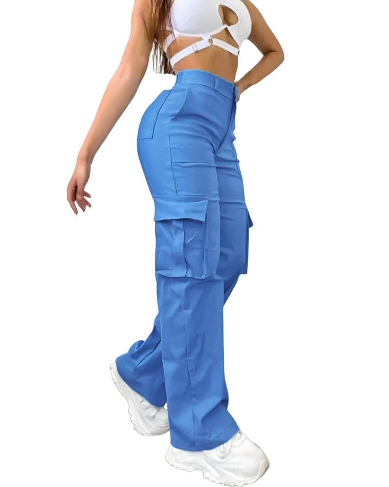 CHICME Women High Waisted Cargo Pants Button Down Casual Loose Fit Trendy Work Trousers with 6 Pockets