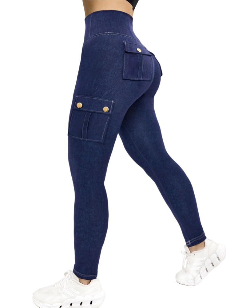 CHICME Women's High Waisted Jeggings Butt Lifting Stretch Cargo Leggings Skinny Workout Running Pants with Flap Pockets