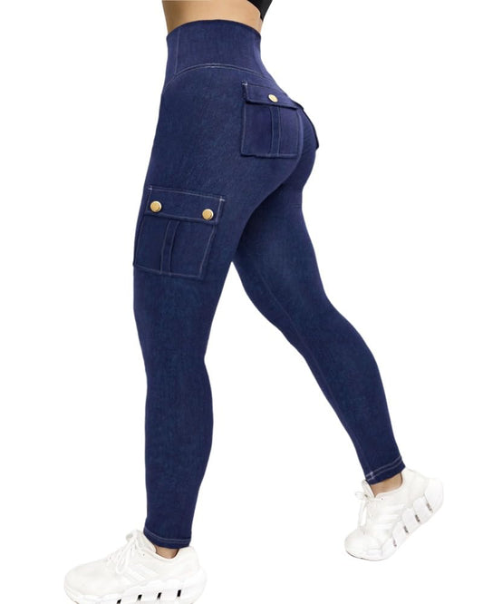 CHICME Women's High Waisted Jeggings Butt Lifting Stretch Cargo Leggings Skinny Workout Running Pants with Flap Pockets