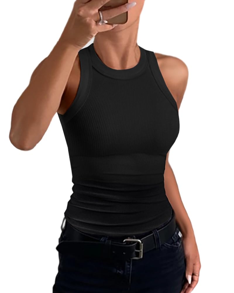 CHICME Womens Sleeveless Tank Top Summer Casual Ribbed Racerback Basic Fitted Thick Strap Black Shirts Tops