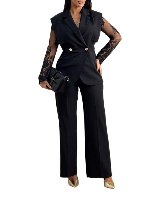 CHICME Women's 2 Piece Outfits Lace Spliced Long Sleeve Notched Collar Top and Casual Wide Leg Pants Set