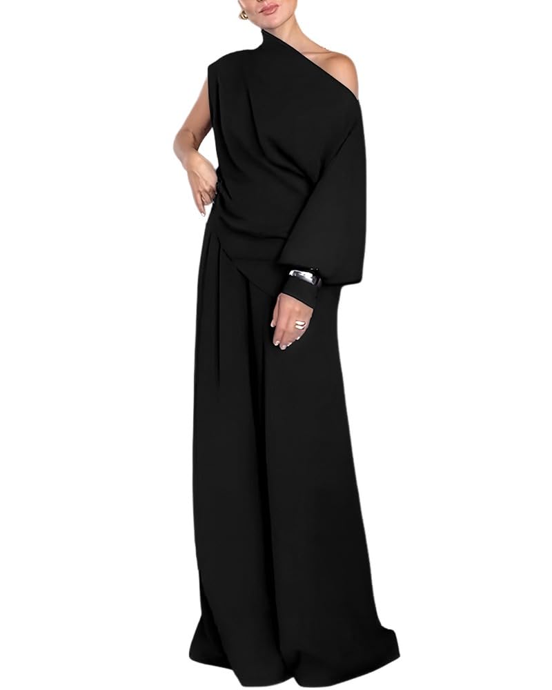 CHICME Womens Elegant 2 Piece Outfits One Shoulder Lantern Sleeve Side Slit Top and Flowy Wide Leg Pants Set