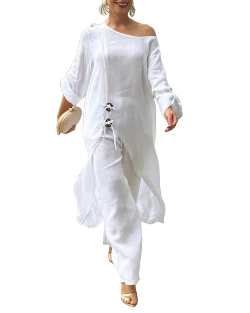 CHICME Women 2 Piece Outfits Cold Shoulder Long Sleeve Top Wide Leg Pants Linen Matching White Lounge Set Casual Vacation Outfits