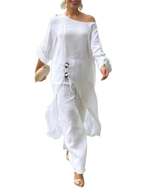 CHICME Women 2 Piece Outfits Cold Shoulder Long Sleeve Top Wide Leg Pants Linen Matching White Lounge Set Casual Vacation Outfits