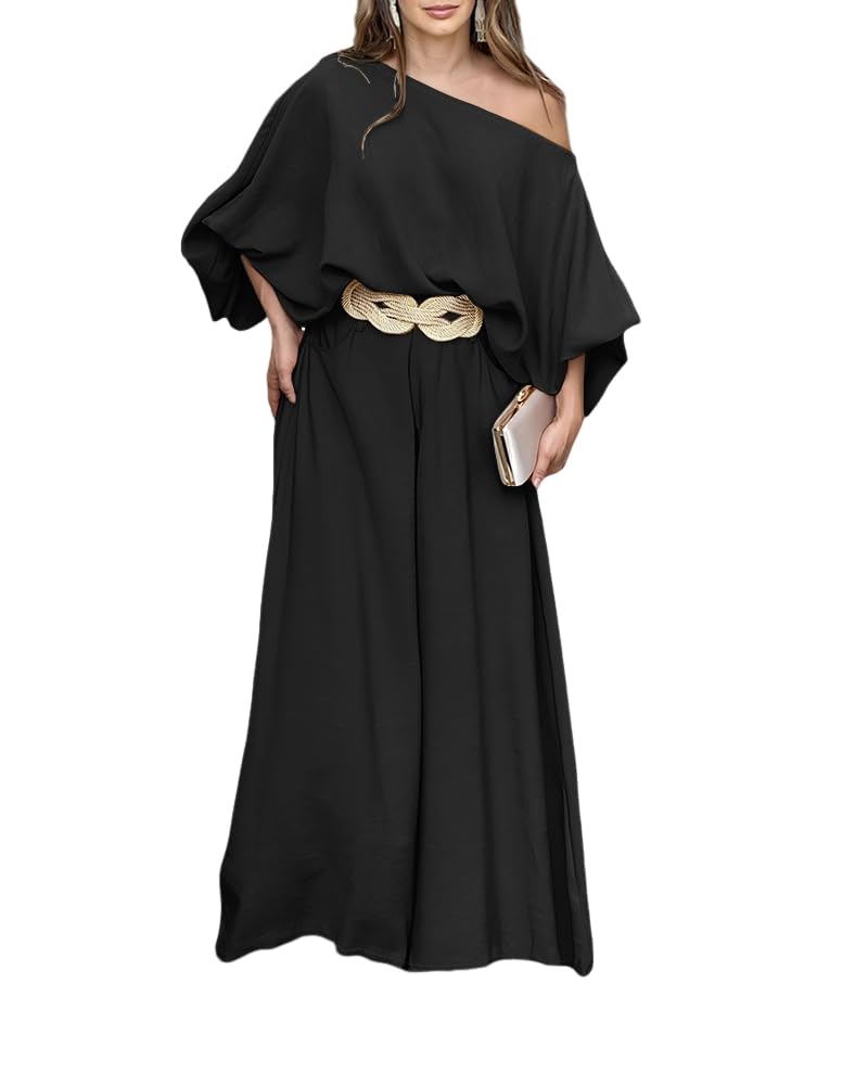 CHICME Women Summer 2 Piece Outfits Off Shoulder Lantern Sleeve Top Flowy Wide Leg Pants Set Vacation Beach Travel Outfits