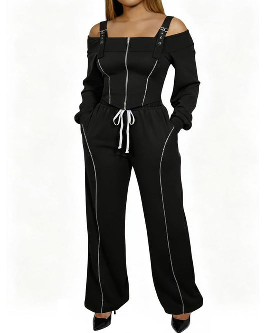 CHICME Two Pieces Sets for Women Spring Cold Shoulder Long Sleeve Tops Wide Leg Pants Matching Lounge Sets Comfy Travel Airport Outfit