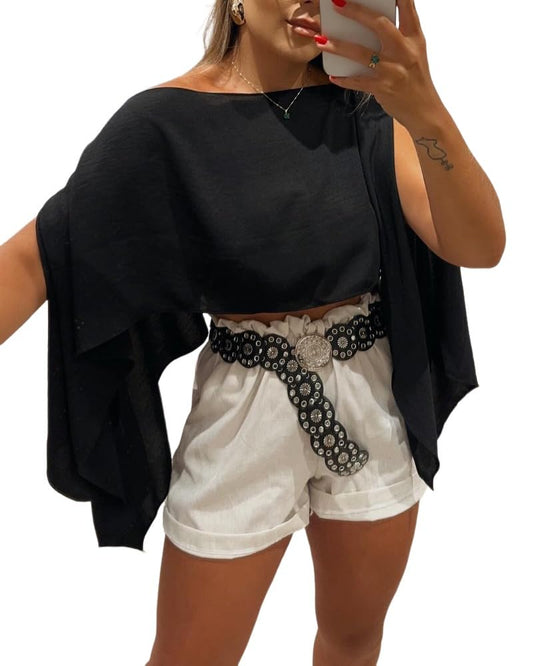 Envied_89 Womens Off The Shoulder Flowy Tops Casual Batwing Slit Sleeve Black Blouse Loose Shirt with Bandeau Top