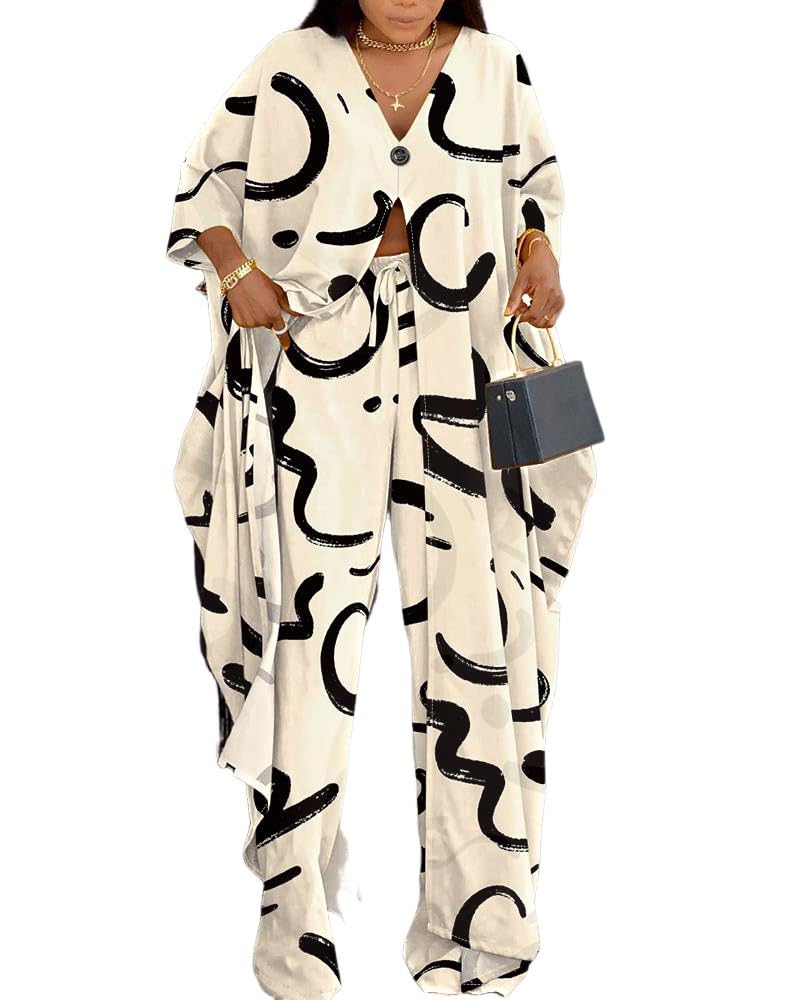 CHICME Women's 2 Piece Outfits Abstract Print Batwing Sleeve V Neck Top with High Slit and Loose Wide Leg Pants Matching Lounge Sets