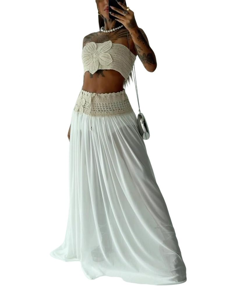CHICME Two Piece Skirt Outfits for Women Sleeveless Crochet Tube Top Sexy Sheer Maxi Skirt Sets Beach Vacation Outfits Going Out
