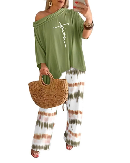 CHICME Womens 2 Piece Outfits Off The Shoulder Printed Batwing Long Sleeve Tops and Wide Leg Pants Matching Sets