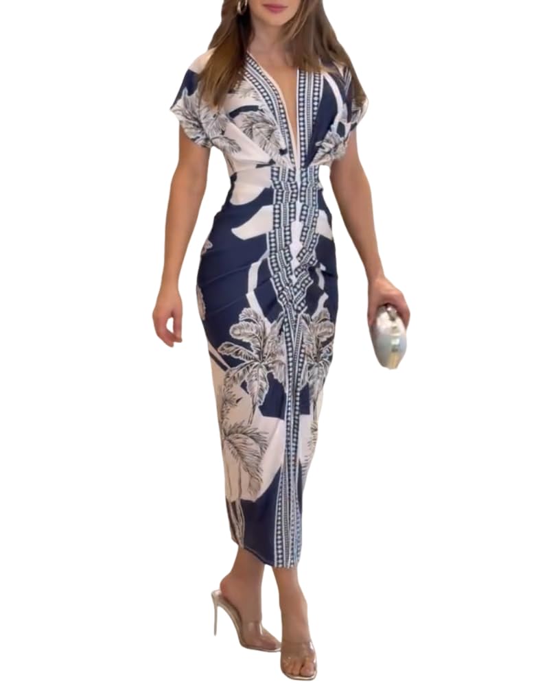 CHICME Summer Dresses for Women Floral Print Plunge V Neck Midi Dress Casual Ruched Slit Bodycon Party Dress