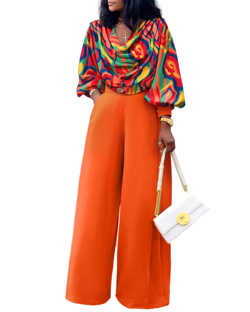CHICME Women's 2 Pieces Outfit Abstract Print Cowl Neck Lantern Sleeve Crop Top and Casual Side Zipper Wide Leg Pants Set