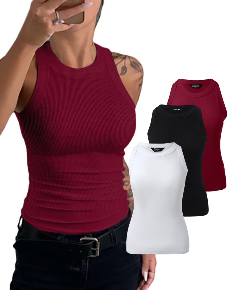 CHICME 3 Piece Womens Tank Tops Sleeveless Basic Cami Shirt Slim Knit Ribbed Racerback Blouses