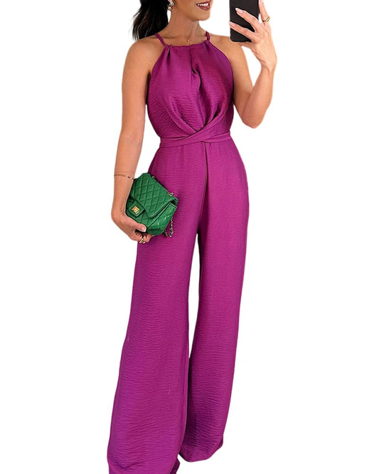 Alenay92 Women's Sexy Halter Jumpsuits Sleeveless Casual Ruched Rompers Wide Leg Jumpsuit