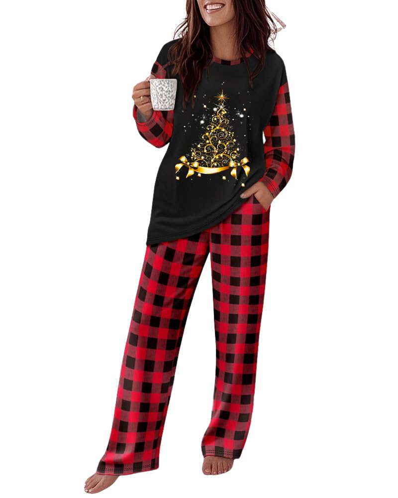 CHICME Womens Pajamas Sets 2 Piece Long Sleeve Lounge Set Floral Butterfly Print Loose Pants Pj Sets Loungewear with Pockets Christmas Tree