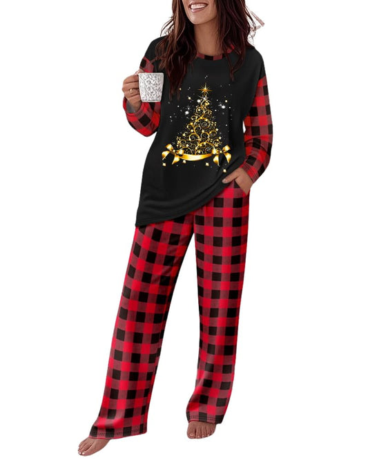 CHICME Womens Pajamas Sets 2 Piece Long Sleeve Lounge Set Floral Butterfly Print Loose Pants Pj Sets Loungewear with Pockets Christmas Tree