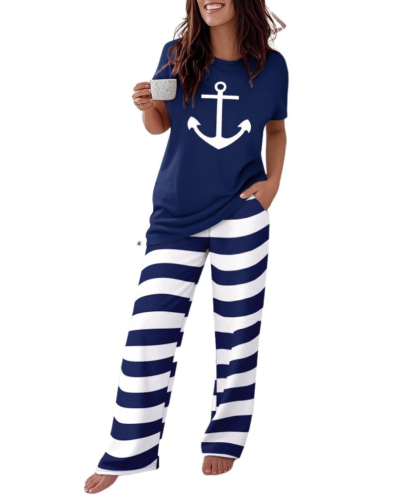 CHICME Womens Pajamas Sets 2 Piece Short Sleeve Lounge Set Printed Loose Pants Pj Sets Loungewear Set Anchor