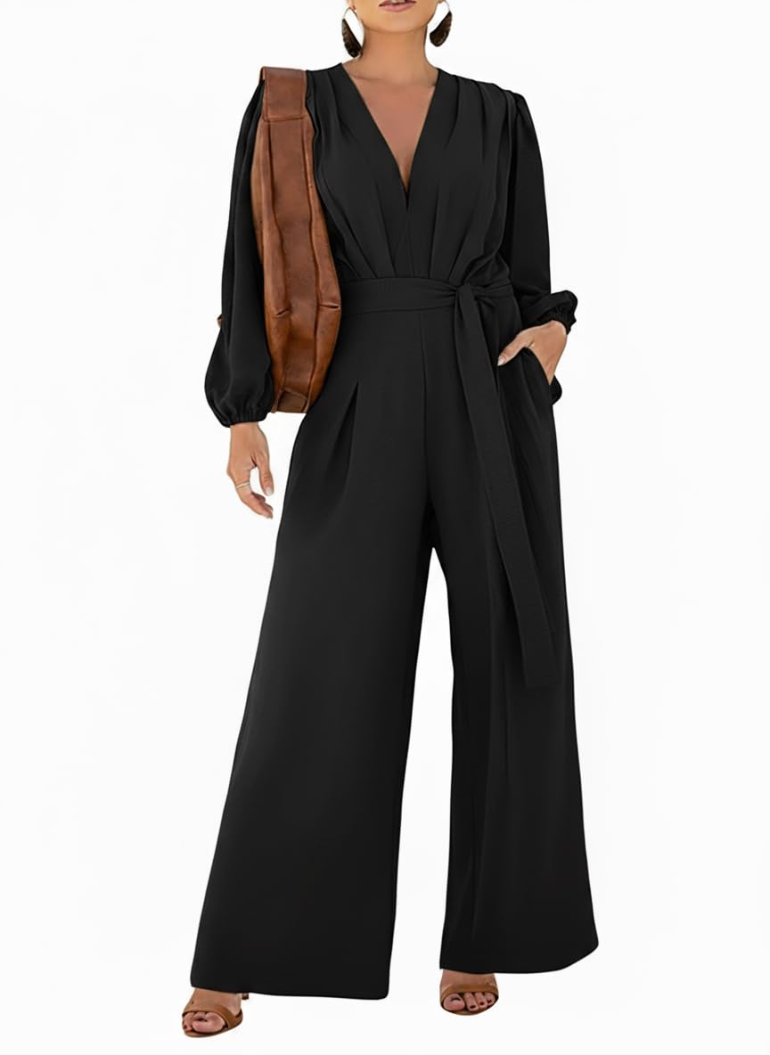 CHICME Womens Elegant Long Puff Sleeve Jumpsuit Deep V Neck Tie Waist Casual Wide Leg Pants Romper with Pockets for Casual Dressy Occasions