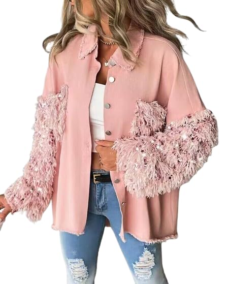 CHICME Womens Casual Jacket Contrast Sequin Tassel Design Fuzzy Patchwork Shacket Fall Outfit