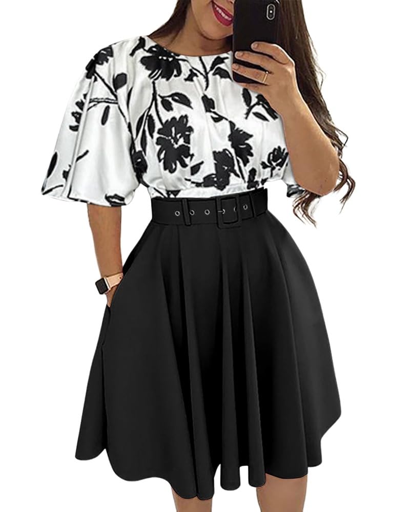 CHICME Women's Summer 2 Piece Outfits Floral Waist Shirred Crop Top and A Line Mini Skirt Set Dressy Casual Outfits