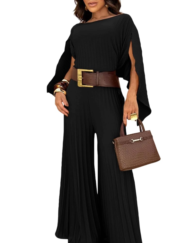 Envied_89 Women's 2 Piece Pleated Outfit Set Stylish Asymmetrical One Shoulder Top & High Waist Wide Leg Pants Elegant Irregular Hem Matching Set for Spring Summer