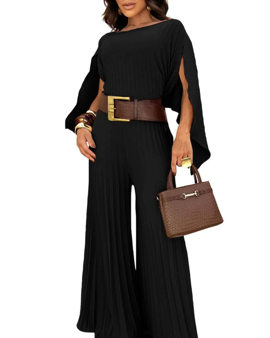 Envied_89 Women's 2 Piece Pleated Outfit Set Stylish Asymmetrical One Shoulder Top & High Waist Wide Leg Pants Elegant Irregular Hem Matching Set for Spring Summer