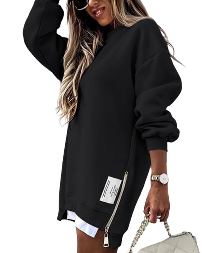 CHICME Women Casual Fall Sweatshirt Oversized Hoodie Long Sleeve Zipper Design Sweatshirt Dress