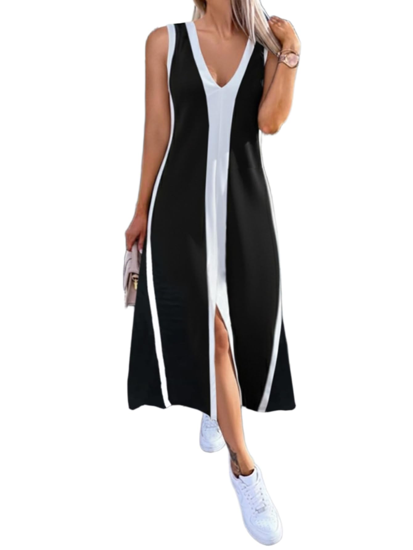 Katiechillll Women's Sleeveless V Neck Color Block Dress with Slit Casual Summer Midi Dresses