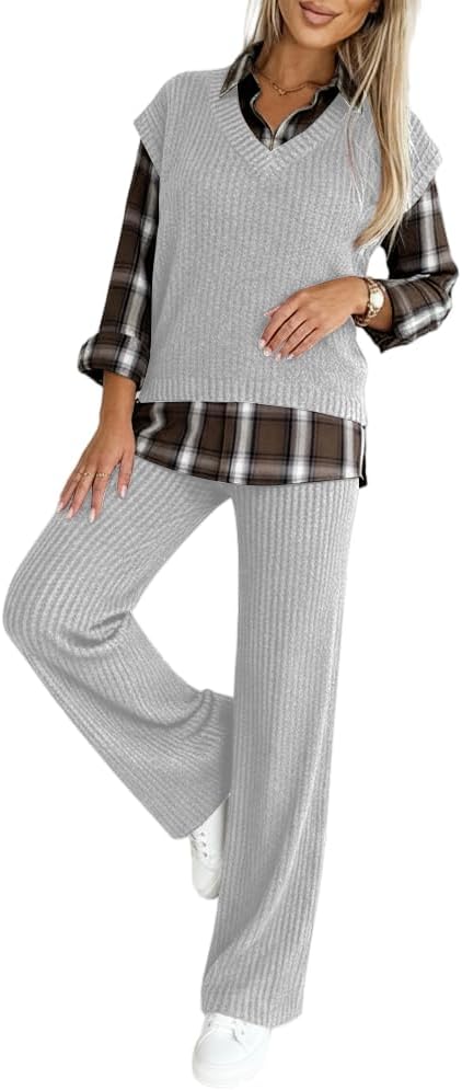 CHICME Women's 2 Piece Outfits Plaid Spliced Turn-down Ribbed Long Sleeve Faux Two-Piece Top and Elastic Waist Pants Set