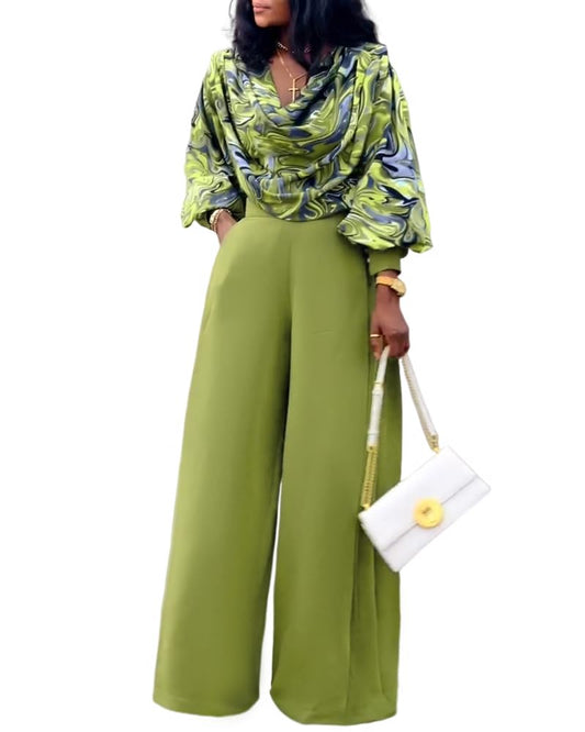 CHICME Women's 2 Pieces Outfit Abstract Print Cowl Neck Lantern Sleeve Crop Top and Casual Side Zipper Wide Leg Pants Set