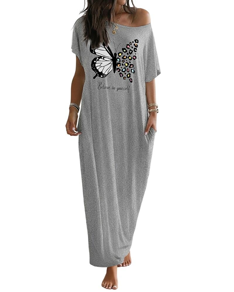 CHICME Long Nightgowns for Women Short Sleeve Moo Moo Nightgown House Dress with Pockets Loungewear