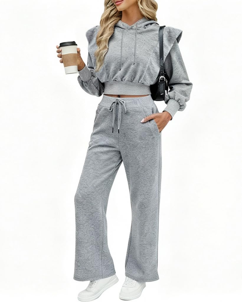 CHICME Womens 2 Piece Outfits Cropped Long Sleeve Hoodie and Wide Leg Sweatpants Set Fall Fashion Sweatsuit Tracksuit