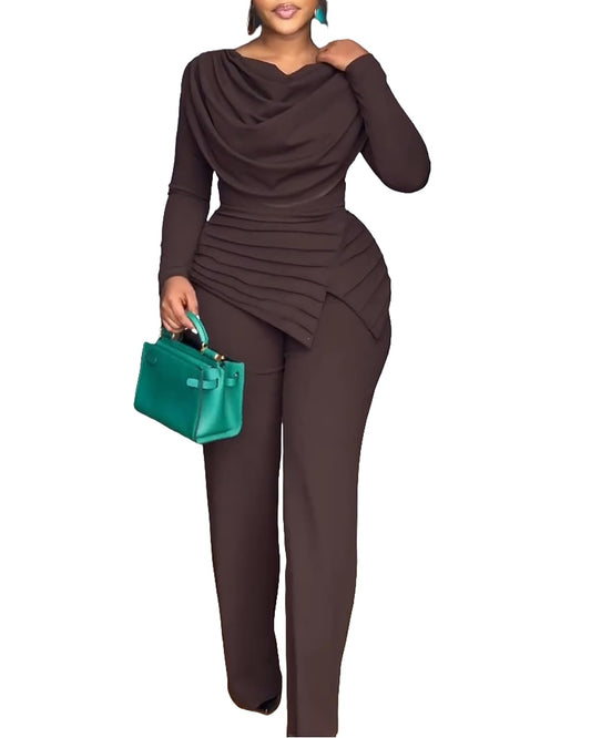 CHICME Women's Fall Jumpsuit Dressy Cowl Neck Asymmetrical Hem Overall Zipper Back Wide Leg Jumpsuit