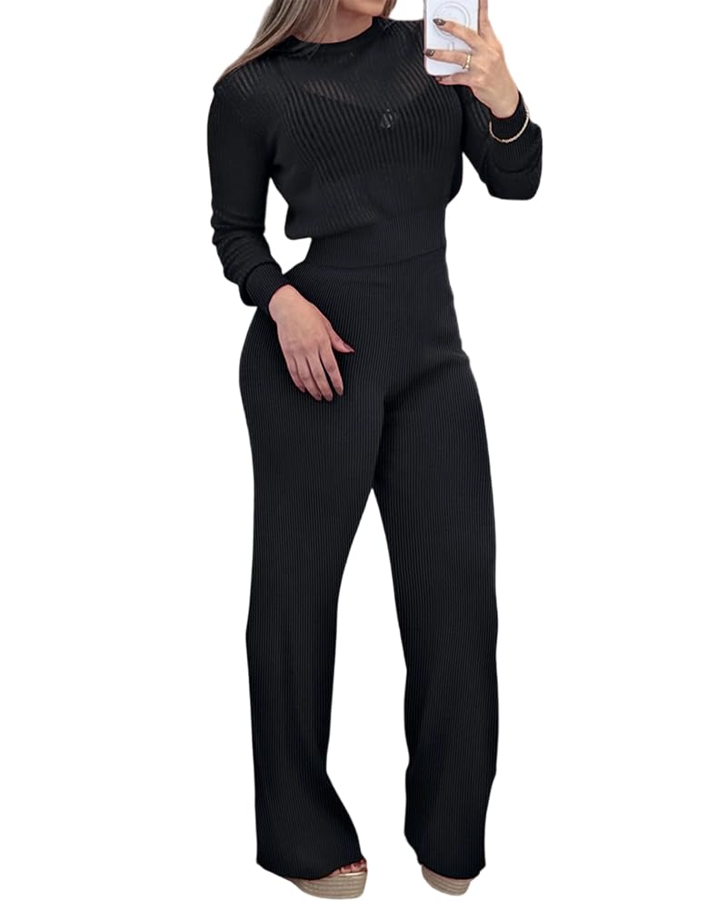 CHCIME Women 2 Piece Outfits Sets Round Neck Long Sleeve Semi Sheer Vertical Rib Top and High Waist Wide Leg Pants Set Casual Spring Lounge Matching Set
