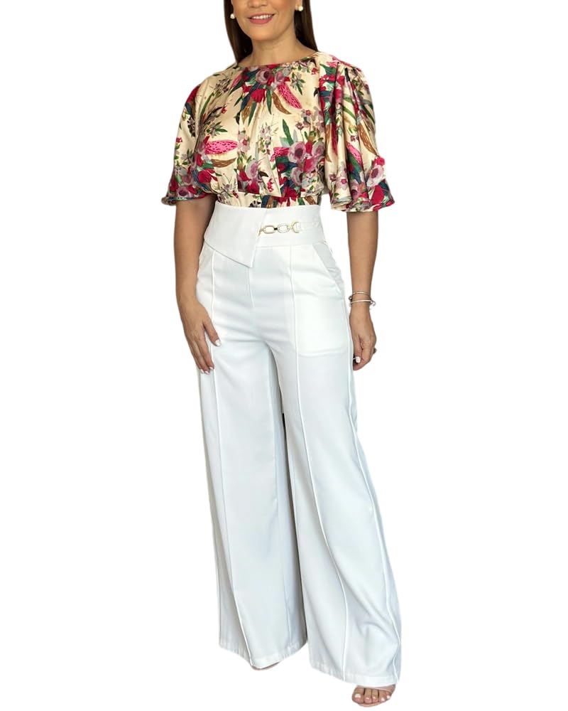 CHICME Women¡¯s Summer 2 pc Sets Satin Floral Blouse with Bell Sleeves High Waist Wide Leg Pants Two-Piece Outfit for Business Casual