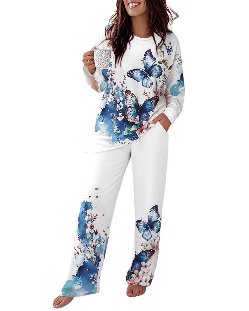 CHICME Womens Pajamas Sets 2 Piece Long Sleeve Lounge Set Floral Butterfly Print Loose Pants Pj Sets Loungewear Tracksuits with Pockets